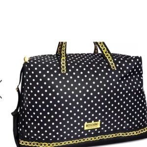 Moschino Black and White Polka Dot Travel Tote with Gold Chain Accents